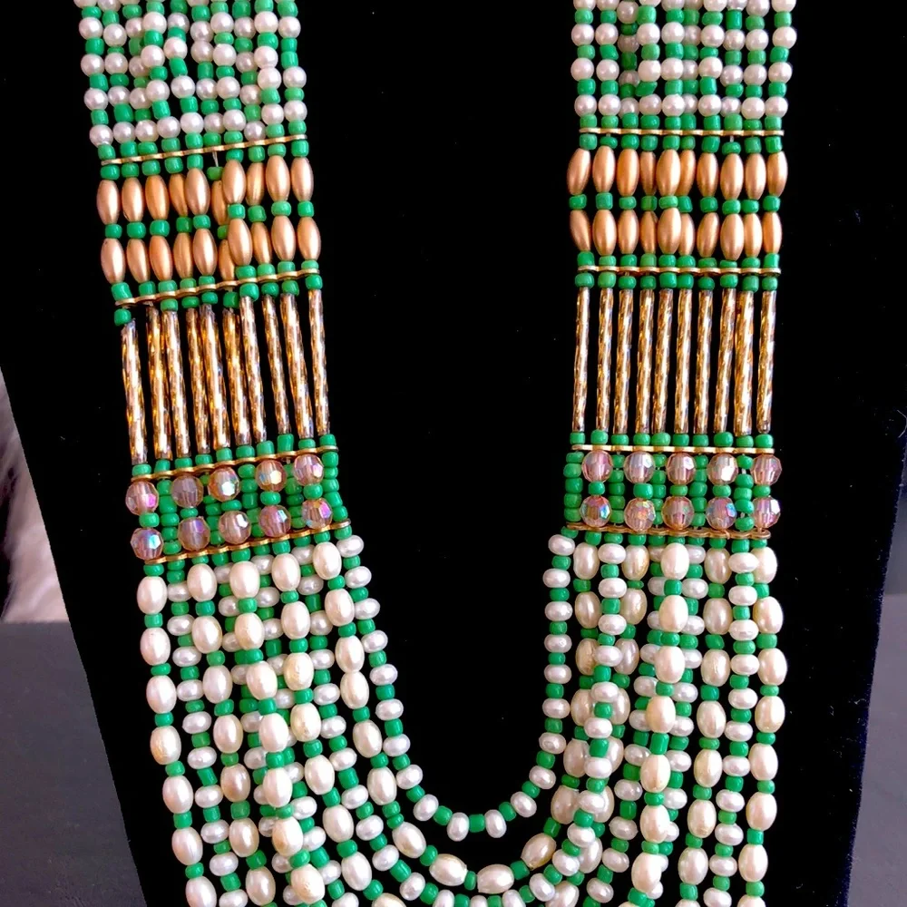 Beaded Multi Strand Bib Statement Necklace Green Gold White Boho Tribal 24”